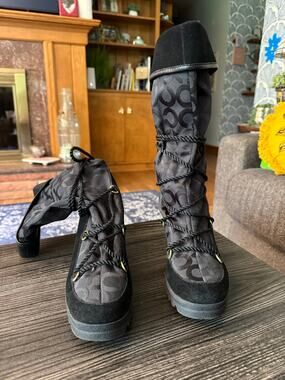 Coach Maisy Signature Monogram Jacquard & Suede Rope-Tie Wedge Boots Sz. 7.5